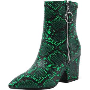 imageSHEMEE Womens Snakeskin Chunky High Heels Booties Pointed Toe Block Heel Snake Print Side Zipper Ankle Boots Fashion Dress ShoesDark Green Snake
