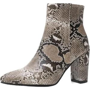 imageSHEMEE Womens Snakeskin Chunky High Heels Booties Pointed Toe Block Heel Snake Print Side Zipper Ankle Boots Fashion Dress ShoesLight Brown