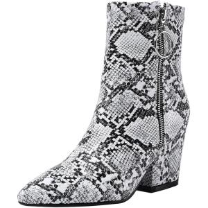 imageSHEMEE Womens Snakeskin Chunky High Heels Booties Pointed Toe Block Heel Snake Print Side Zipper Ankle Boots Fashion Dress ShoesWhite Snake