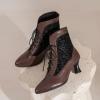 imageSHEMEE Womens Lace Victorian Booties Chunky Kitten Heels Ankle Boots Vintage Lacing Cosplay Witch Short Boots Mid HeelBrown