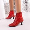 imageSHEMEE Womens Lace Victorian Booties Chunky Kitten Heels Ankle Boots Vintage Lacing Cosplay Witch Short Boots Mid HeelRed
