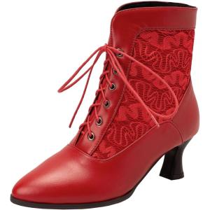 imageSHEMEE Womens Lace Victorian Booties Chunky Kitten Heels Ankle Boots Vintage Lacing Cosplay Witch Short Boots Mid HeelRed