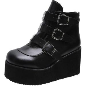 imageSHEMEE Womens Platform Chunky Ankle Boots Round Toe Zipper Wedges High Heels Rave Buckle Thick Sole Y2k Goth BootiesBlack