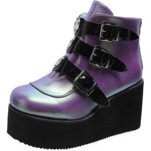 imageSHEMEE Womens Platform Chunky Ankle Boots Round Toe Zipper Wedges High Heels Rave Buckle Thick Sole Y2k Goth BootiesPurple