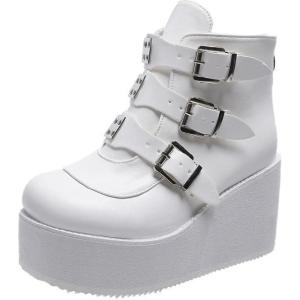 imageSHEMEE Womens Platform Chunky Ankle Boots Round Toe Zipper Wedges High Heels Rave Buckle Thick Sole Y2k Goth BootiesWhite