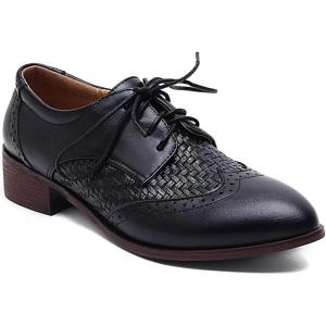 imageSHEMEE Womens Two Tone Oxfords Saddle Shoes Vintage Perforated Wingtip Brogues Laced Chunky Low Heels Pumps062 Black