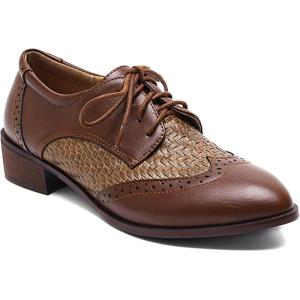 imageSHEMEE Womens Two Tone Oxfords Saddle Shoes Vintage Perforated Wingtip Brogues Laced Chunky Low Heels Pumps062 Brown