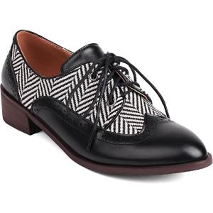 imageSHEMEE Womens Two Tone Oxfords Saddle Shoes Vintage Perforated Wingtip Brogues Laced Chunky Low Heels Pumps066 Black