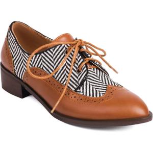 imageSHEMEE Womens Two Tone Oxfords Saddle Shoes Vintage Perforated Wingtip Brogues Laced Chunky Low Heels Pumps066 Brown