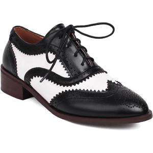 imageSHEMEE Womens Two Tone Oxfords Saddle Shoes Vintage Perforated Wingtip Brogues Laced Chunky Low Heels PumpsBlack