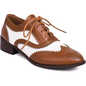 imageSHEMEE Womens Two Tone Oxfords Saddle Shoes Vintage Perforated Wingtip Brogues Laced Chunky Low Heels PumpsBrown
