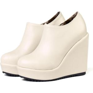 imageSHEMEE Womens Wedge Heels Ankle Boots High Heeled Platform Pumps Round Toe Zip Up Short Booties Office Party Dress ShoesBeige Pu