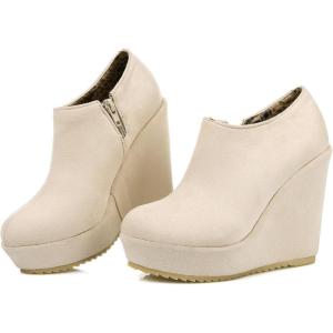 imageSHEMEE Womens Wedge Heels Ankle Boots High Heeled Platform Pumps Round Toe Zip Up Short Booties Office Party Dress ShoesBeige Suede