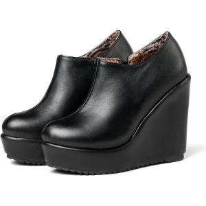 imageSHEMEE Womens Wedge Heels Ankle Boots High Heeled Platform Pumps Round Toe Zip Up Short Booties Office Party Dress ShoesBlack Pu