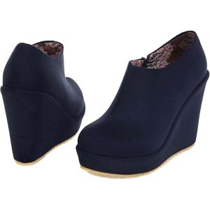 imageSHEMEE Womens Wedge Heels Ankle Boots High Heeled Platform Pumps Round Toe Zip Up Short Booties Office Party Dress ShoesNavy Blue Suede