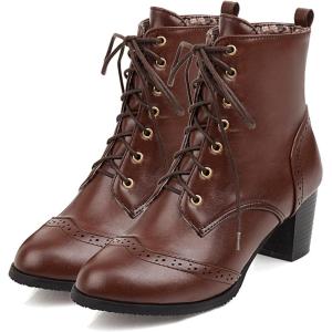imageSHEMEE Womens Wingtip Block Heels Ankle Boots LaceUp Stacked Chunky Heel Booties Round Toe Short BootsChestnut
