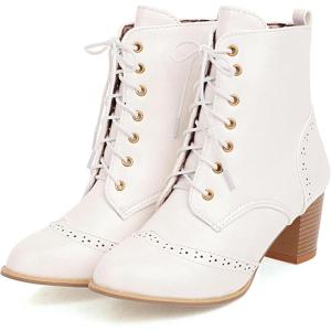 imageSHEMEE Womens Wingtip Block Heels Ankle Boots LaceUp Stacked Chunky Heel Booties Round Toe Short BootsWhite 1