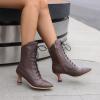 imageSHEMEE Kitten Heels Ankle Boots for Women Vintage Victorian Style LaceUp Booties Mid Heels Zipper Shoes with Buckled802 Brown