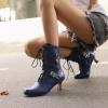 imageSHEMEE Kitten Heels Ankle Boots for Women Vintage Victorian Style LaceUp Booties Mid Heels Zipper Shoes with BuckledBlue
