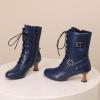 imageSHEMEE Kitten Heels Ankle Boots for Women Vintage Victorian Style LaceUp Booties Mid Heels Zipper Shoes with BuckledBlue