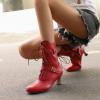 imageSHEMEE Kitten Heels Ankle Boots for Women Vintage Victorian Style LaceUp Booties Mid Heels Zipper Shoes with BuckledRed