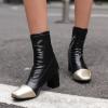 imageSHEMEE Two Tone Ankle Boots for Women Chunky Block Heels Square Toe High Heeled Booties Pull On Fall Winter Dress ShoesBlackGold