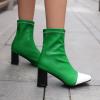 imageSHEMEE Two Tone Ankle Boots for Women Chunky Block Heels Square Toe High Heeled Booties Pull On Fall Winter Dress ShoesGreenWhite