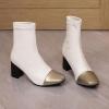 imageSHEMEE Two Tone Ankle Boots for Women Chunky Block Heels Square Toe High Heeled Booties Pull On Fall Winter Dress ShoesWhiteGold