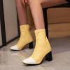 imageSHEMEE Two Tone Ankle Boots for Women Chunky Block Heels Square Toe High Heeled Booties Pull On Fall Winter Dress ShoesYellowWhite