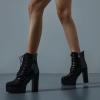 imageSHEMEE Womens Lace Up Chunky Heeled Platform Ankle Boots Patent Leather Block High Heels Side Zipper Booties ShoesBlack