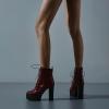 imageSHEMEE Womens Lace Up Chunky Heeled Platform Ankle Boots Patent Leather Block High Heels Side Zipper Booties ShoesBurgundy