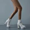 imageSHEMEE Womens Lace Up Chunky Heeled Platform Ankle Boots Patent Leather Block High Heels Side Zipper Booties ShoesWhite