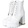 imageSHEMEE Womens Lace Up Chunky Heeled Platform Ankle Boots Patent Leather Block High Heels Side Zipper Booties ShoesWhite
