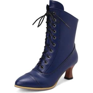 imageSHEMEE Kitten Heels Ankle Boots for Women Vintage Victorian Style LaceUp Booties Mid Heels Zipper Shoes with Buckled802 Blue