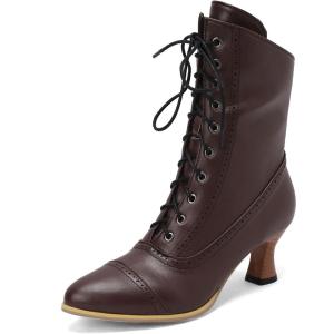 imageSHEMEE Kitten Heels Ankle Boots for Women Vintage Victorian Style LaceUp Booties Mid Heels Zipper Shoes with Buckled802 Brown