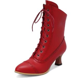 imageSHEMEE Kitten Heels Ankle Boots for Women Vintage Victorian Style LaceUp Booties Mid Heels Zipper Shoes with Buckled802 Red
