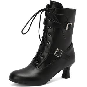 imageSHEMEE Kitten Heels Ankle Boots for Women Vintage Victorian Style LaceUp Booties Mid Heels Zipper Shoes with BuckledBlack