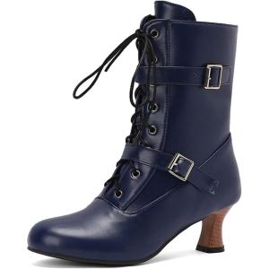 imageSHEMEE Kitten Heels Ankle Boots for Women Vintage Victorian Style LaceUp Booties Mid Heels Zipper Shoes with BuckledBlue