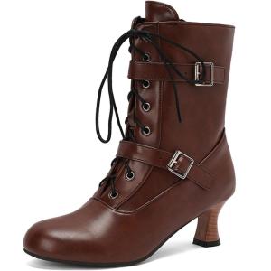 imageSHEMEE Kitten Heels Ankle Boots for Women Vintage Victorian Style LaceUp Booties Mid Heels Zipper Shoes with BuckledBrown
