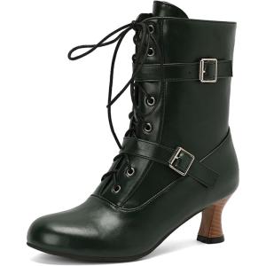 imageSHEMEE Kitten Heels Ankle Boots for Women Vintage Victorian Style LaceUp Booties Mid Heels Zipper Shoes with BuckledDark Green