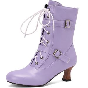 imageSHEMEE Kitten Heels Ankle Boots for Women Vintage Victorian Style LaceUp Booties Mid Heels Zipper Shoes with BuckledPurple