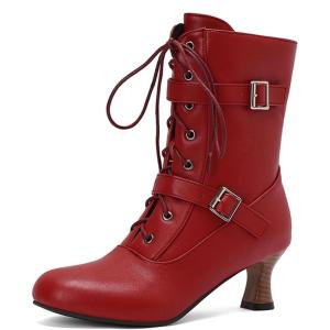 imageSHEMEE Kitten Heels Ankle Boots for Women Vintage Victorian Style LaceUp Booties Mid Heels Zipper Shoes with BuckledRed