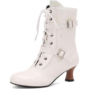 imageSHEMEE Kitten Heels Ankle Boots for Women Vintage Victorian Style LaceUp Booties Mid Heels Zipper Shoes with BuckledWhite
