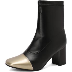 imageSHEMEE Two Tone Ankle Boots for Women Chunky Block Heels Square Toe High Heeled Booties Pull On Fall Winter Dress ShoesBlackGold
