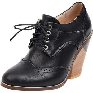 imageSHEMEE Womens Chunky High Heel Wingtip Oxfords Round Toe Lace Up Block Heels Vintage Brogues Pumps ShoesBlack One