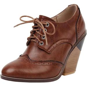imageSHEMEE Womens Chunky High Heel Wingtip Oxfords Round Toe Lace Up Block Heels Vintage Brogues Pumps ShoesBrown