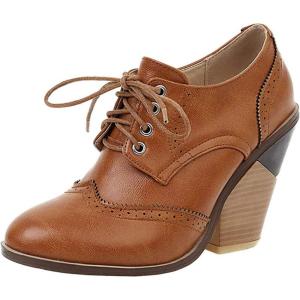imageSHEMEE Womens Chunky High Heel Wingtip Oxfords Round Toe Lace Up Block Heels Vintage Brogues Pumps ShoesTan