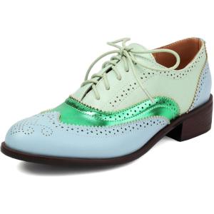 imageSHEMEE Womens Chunky Low Heels Oxfords Saddle Shoes Creeper Vintage Wingtip Brogues Perforated Flats Lace Up Pumps101 Green