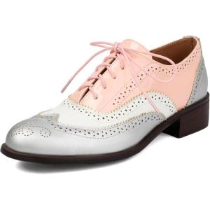 imageSHEMEE Womens Chunky Low Heels Oxfords Saddle Shoes Creeper Vintage Wingtip Brogues Perforated Flats Lace Up Pumps101 Pink