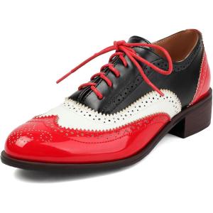 imageSHEMEE Womens Chunky Low Heels Oxfords Saddle Shoes Creeper Vintage Wingtip Brogues Perforated Flats Lace Up Pumps101 Red